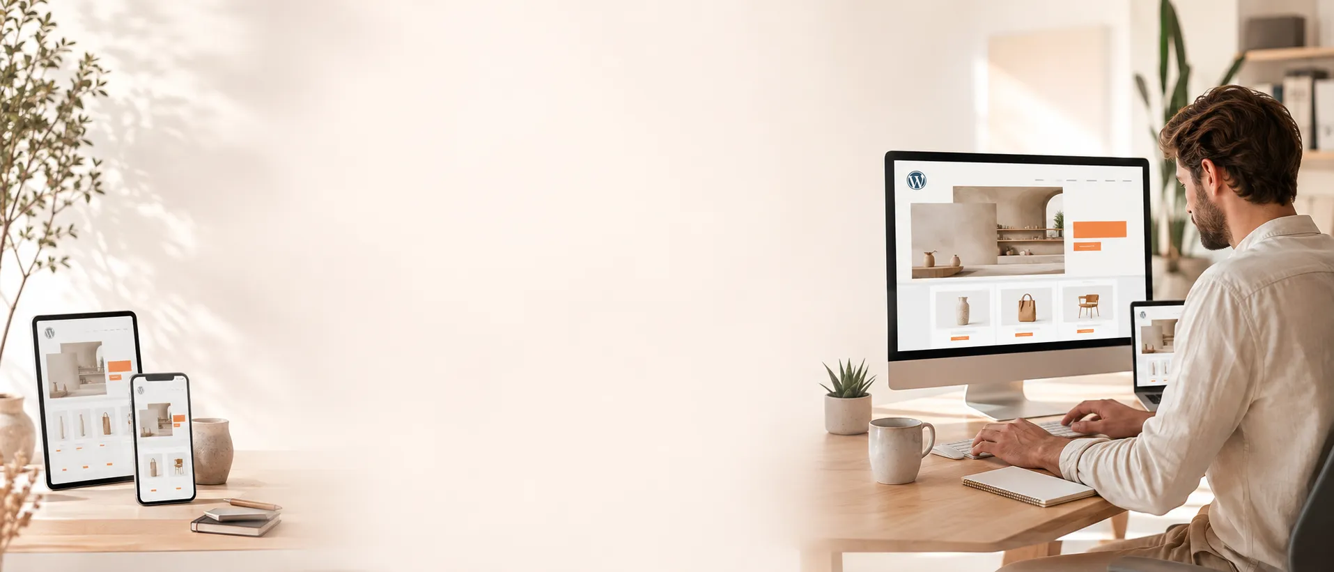 Maquette d'un site internet affichée sur un écran, ordinateur et tablette posés sur un bureau clair