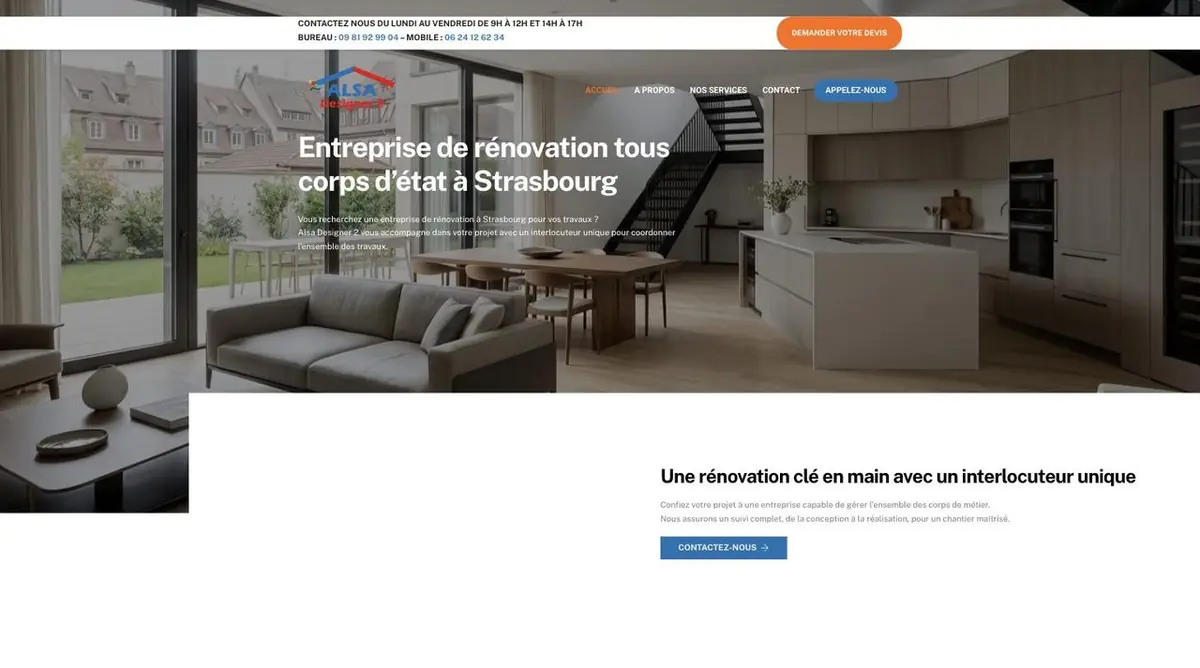 Page d’accueil du site Alsa Designer 2, entreprise de rénovation