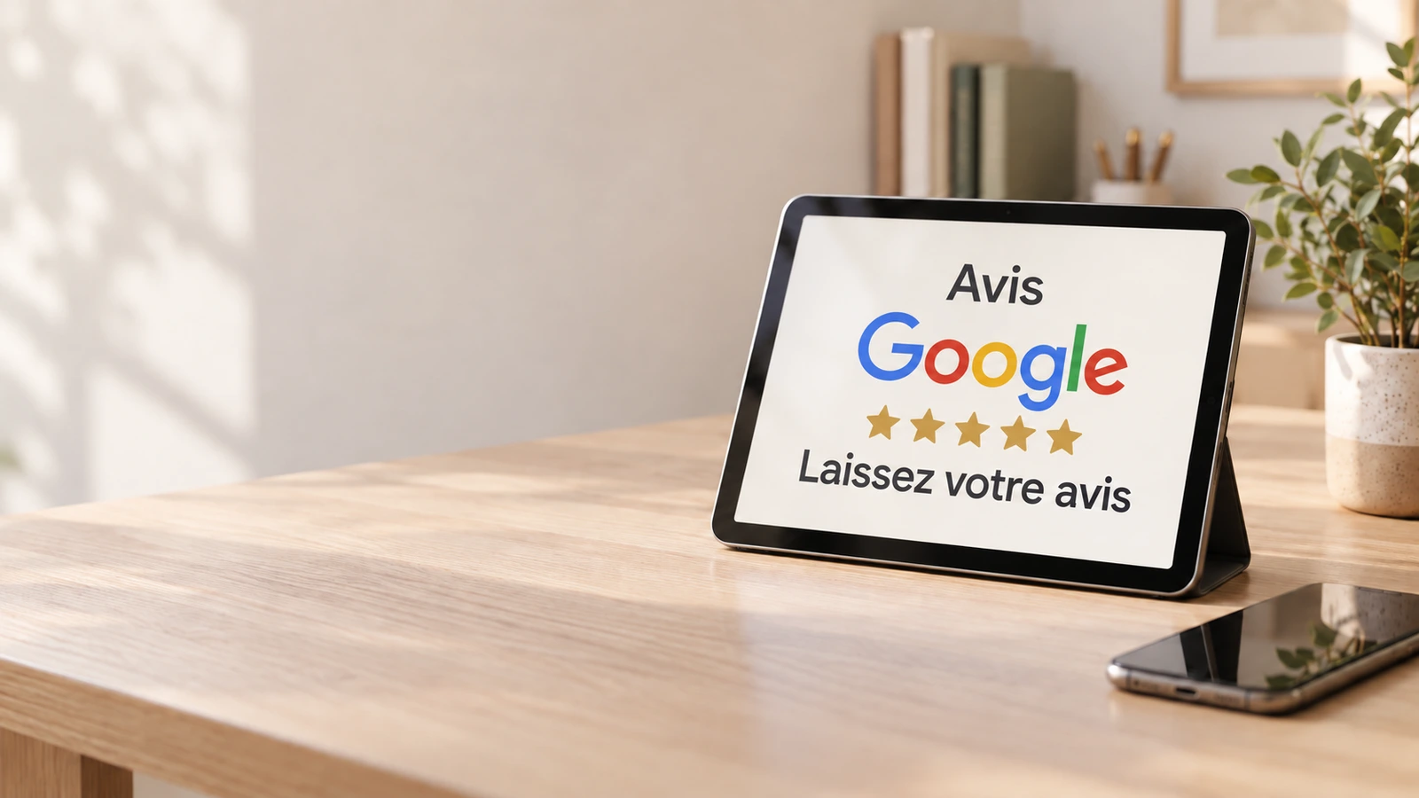 Tablette présentant le logo Google, cinq étoiles et le message Laissez votre avis