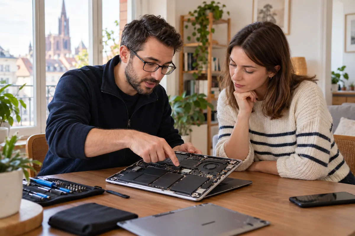 Technicien expliquant la réparation d'un ordinateur portable à une cliente à domicile