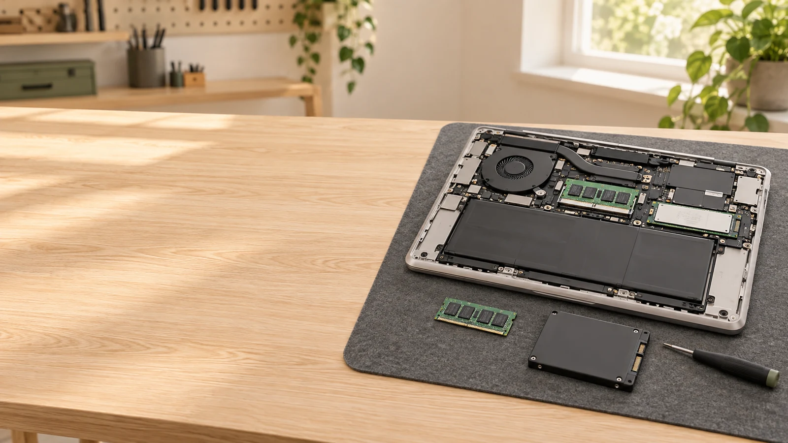 Portable ouvert sur un établi avec mémoire vive et SSD pour une amélioration matérielle