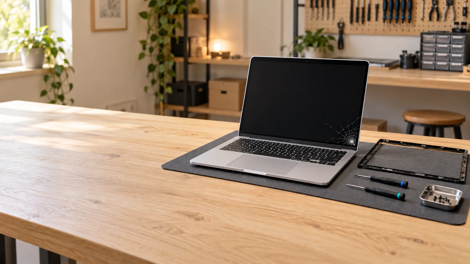 Ordinateur portable avec écran endommagé sur un établi, cadre d’écran et outils de réparation