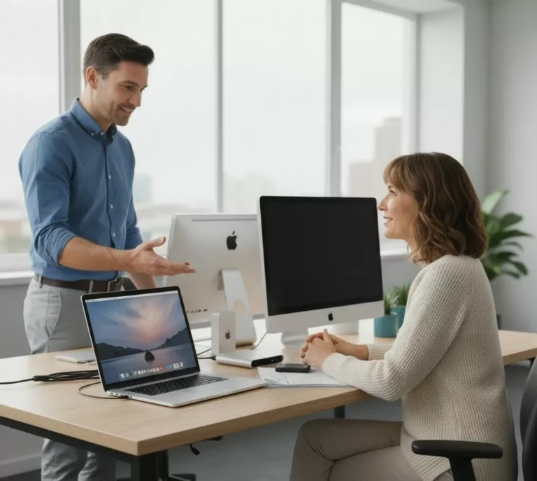 Ordinateur Mac posé sur un bureau lors d'une intervention à domicile