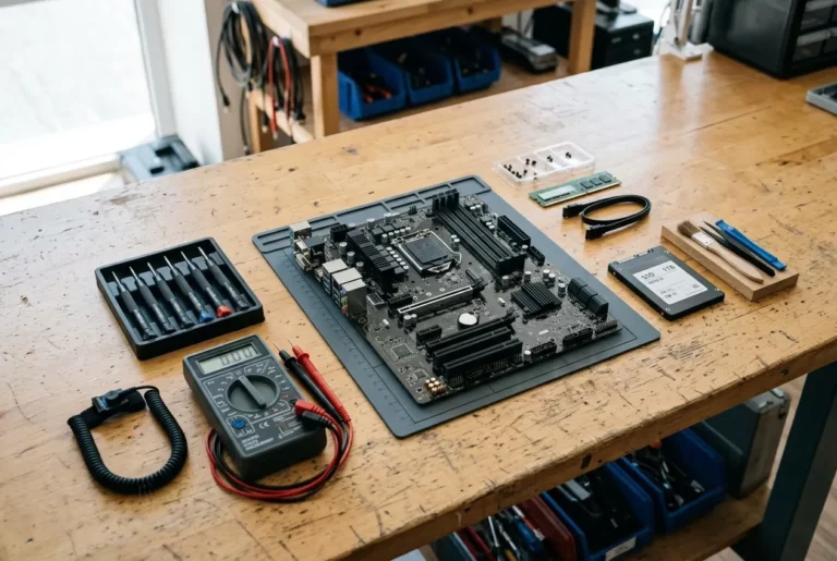 Carte mère, outils de précision et SSD posés sur un établi d'atelier