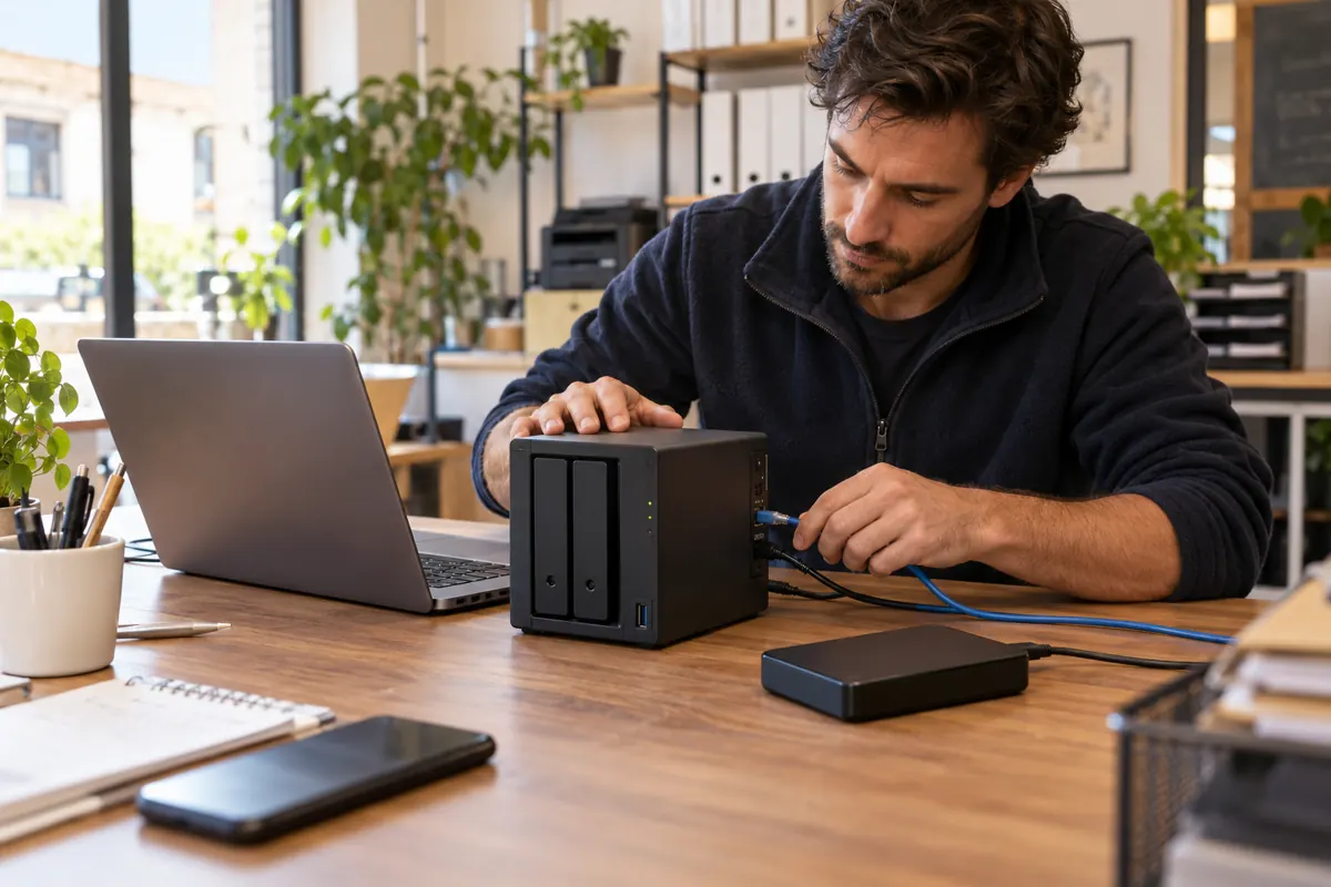 Technicien configurant un serveur NAS et un disque de sauvegarde dans un bureau