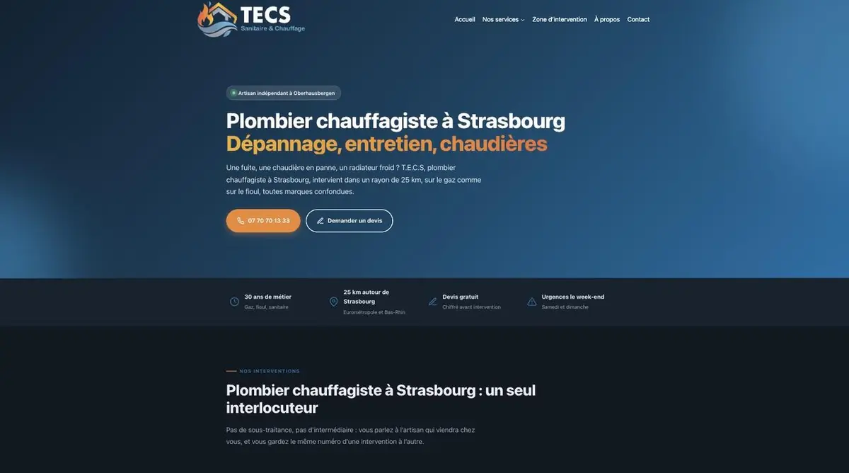 Page d’accueil du site TECS, plombier chauffagiste à Strasbourg