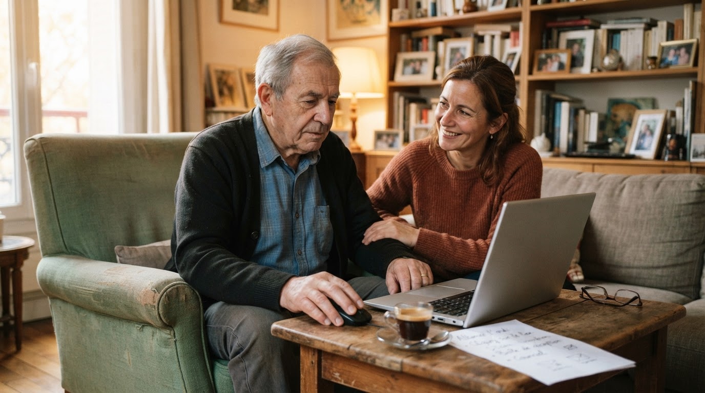Fille aidant son père âgé à utiliser son ordinateur portable à la maison, aide informatique pour personne âgée