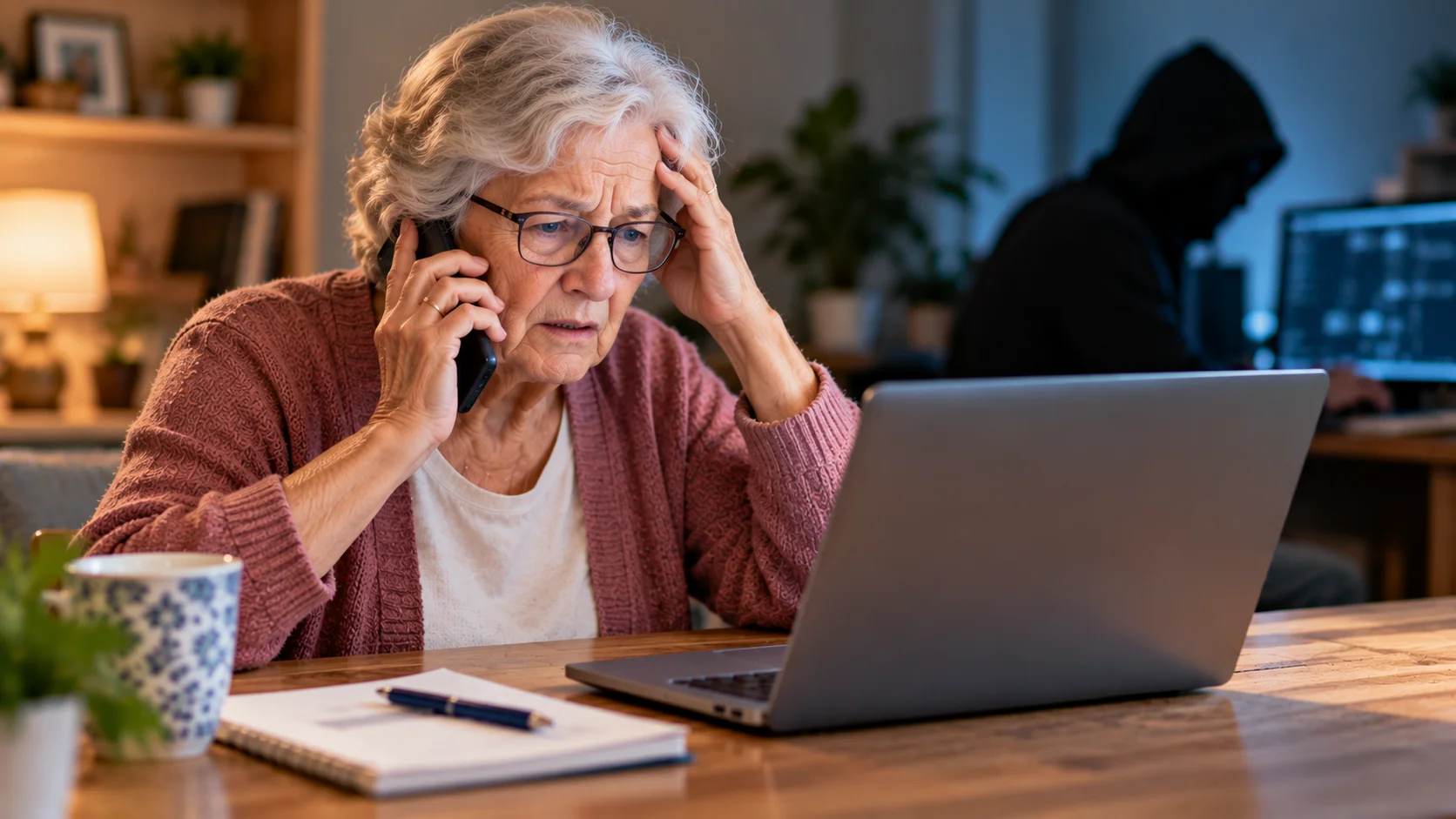 Illustration d’une femme inquiète au téléphone devant son ordinateur, avec une silhouette de fraudeur en arrière-plan