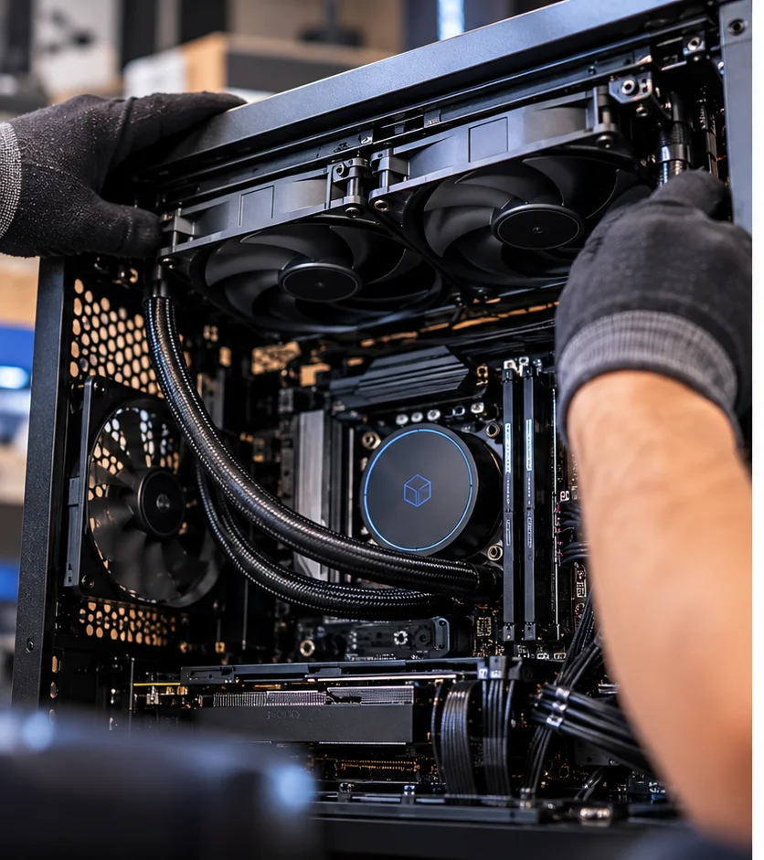 Illustration d'une intervention sur un PC de bureau ouvert avec refroidissement liquide AIO, à l'atelier InaberInfo