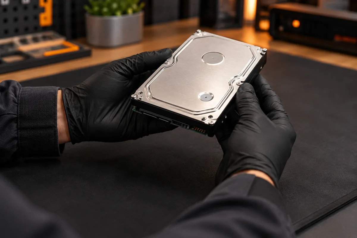 Examen d’un disque dur fermé sur un tapis antistatique