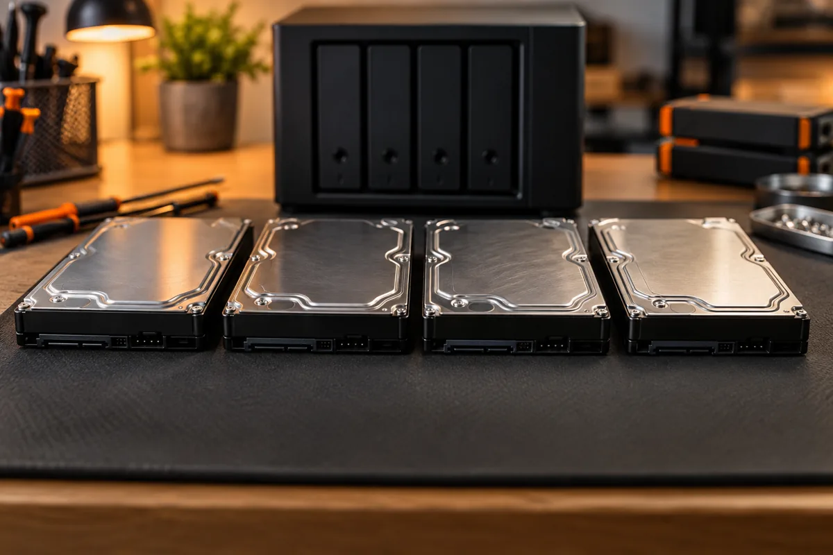 Disques durs d’un RAID alignés devant le NAS pour leur analyse