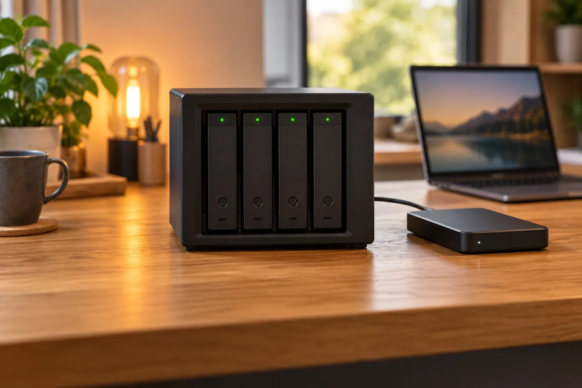 NAS quatre baies aux voyants verts avec un disque externe de sauvegarde