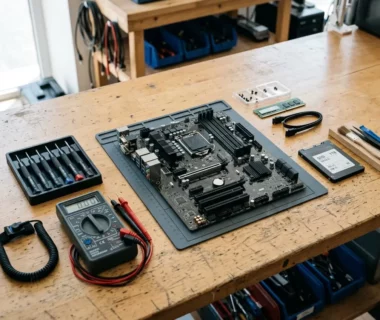 Atelier de réparation informatique à Strasbourg — carte mère, outils de précision et SSD sur établi