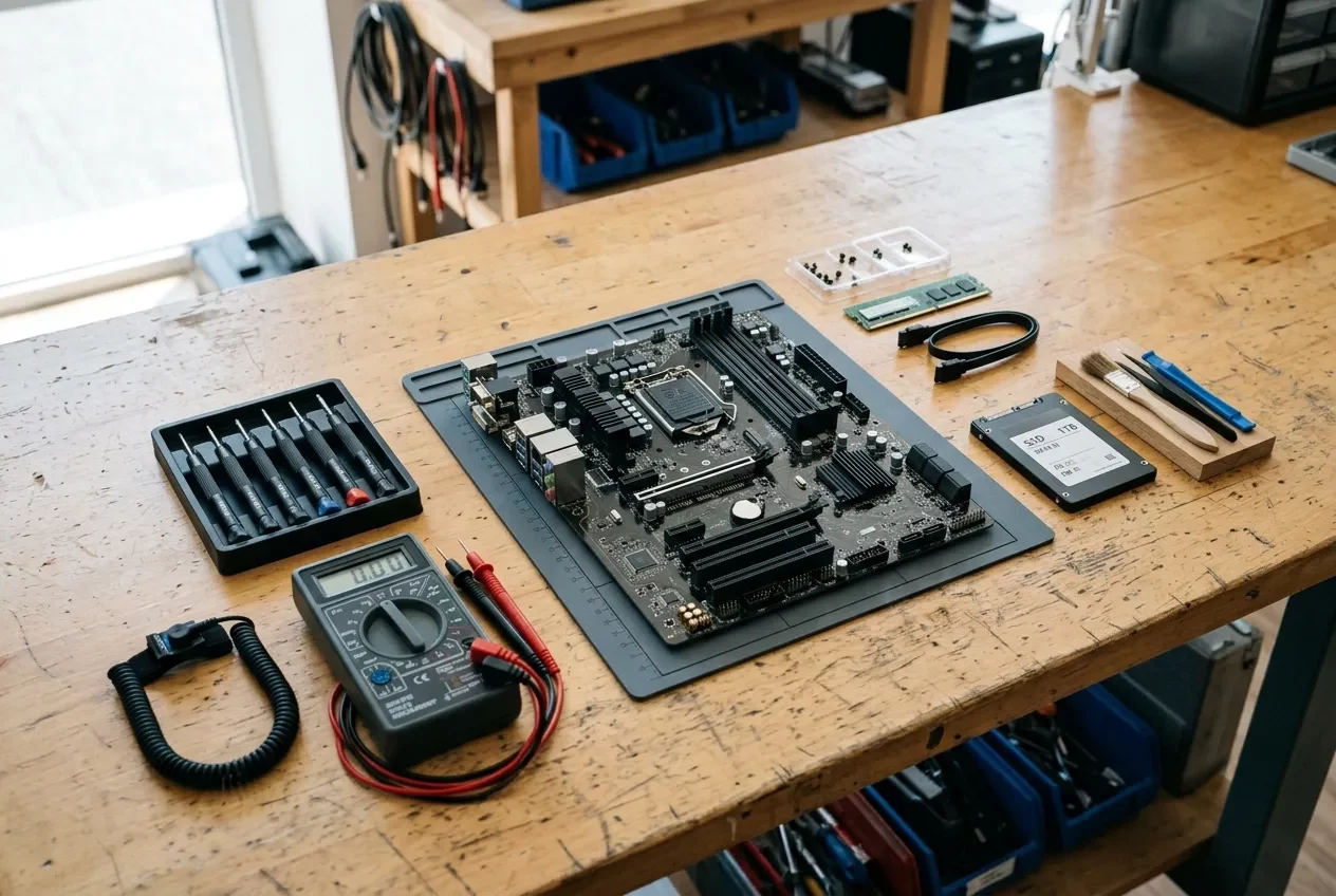 Atelier de réparation informatique à Strasbourg — carte mère, outils de précision et SSD sur établi