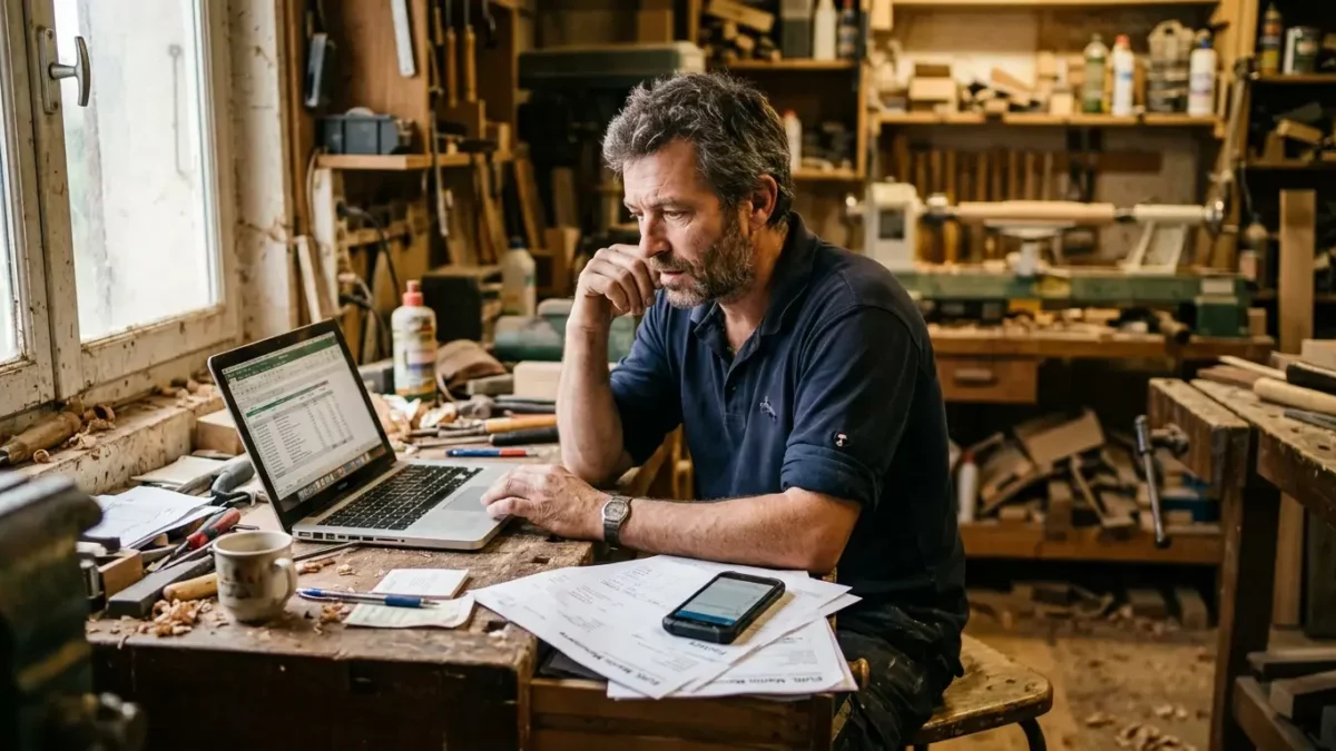 Artisan préparant sa facturation électronique sur son ordinateur portable dans son atelier