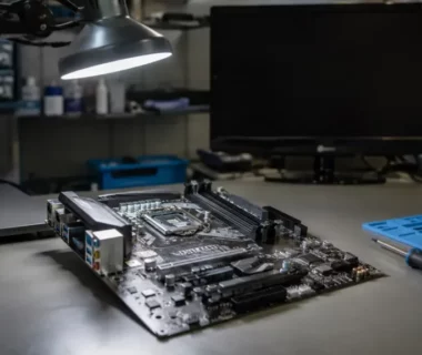 Carte mère MSI B550-A PRO en cours de diagnostic sur un établi d'atelier