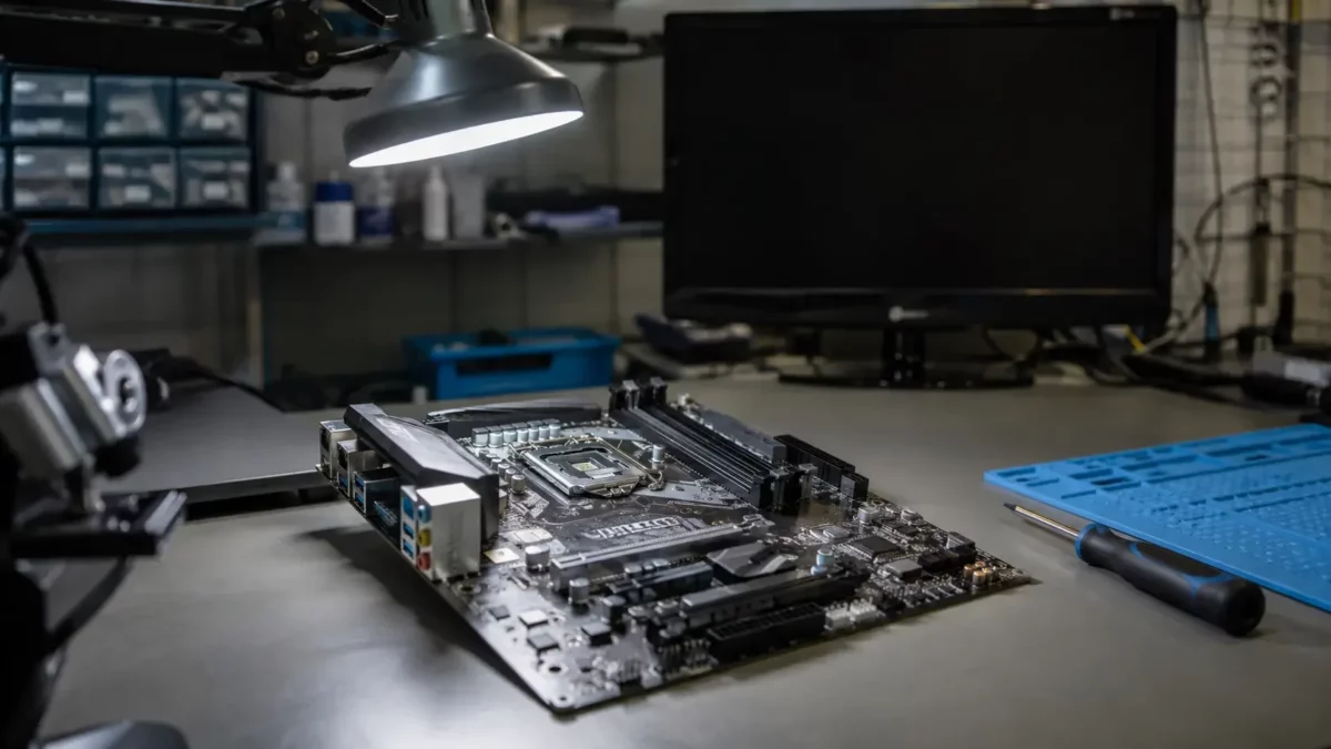 Carte mère MSI B550-A PRO en cours de diagnostic sur un établi d'atelier