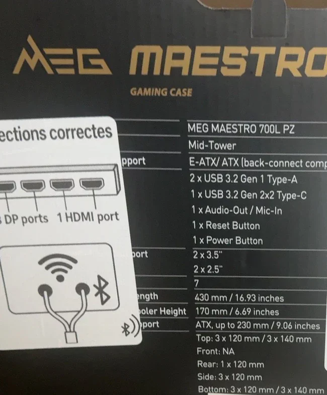 Étiquette du boîtier MSI MEG Maestro 700L PZ détaillant la configuration du PC gaming diagnostiqué
