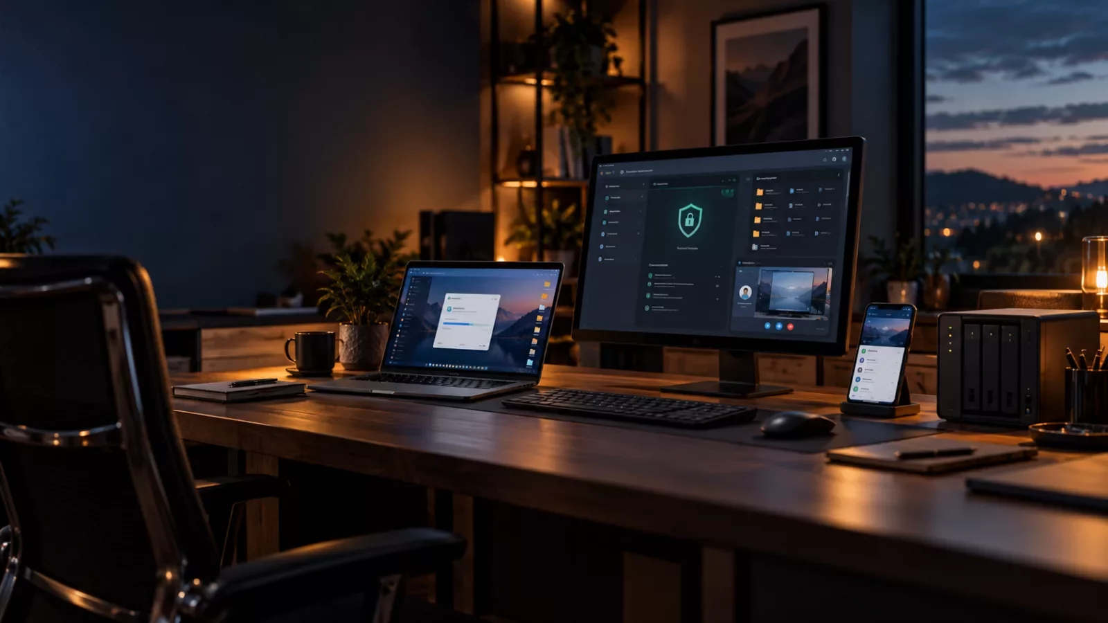 Ordinateur portable, écran, smartphone et serveur NAS dans un espace de travail informatique
