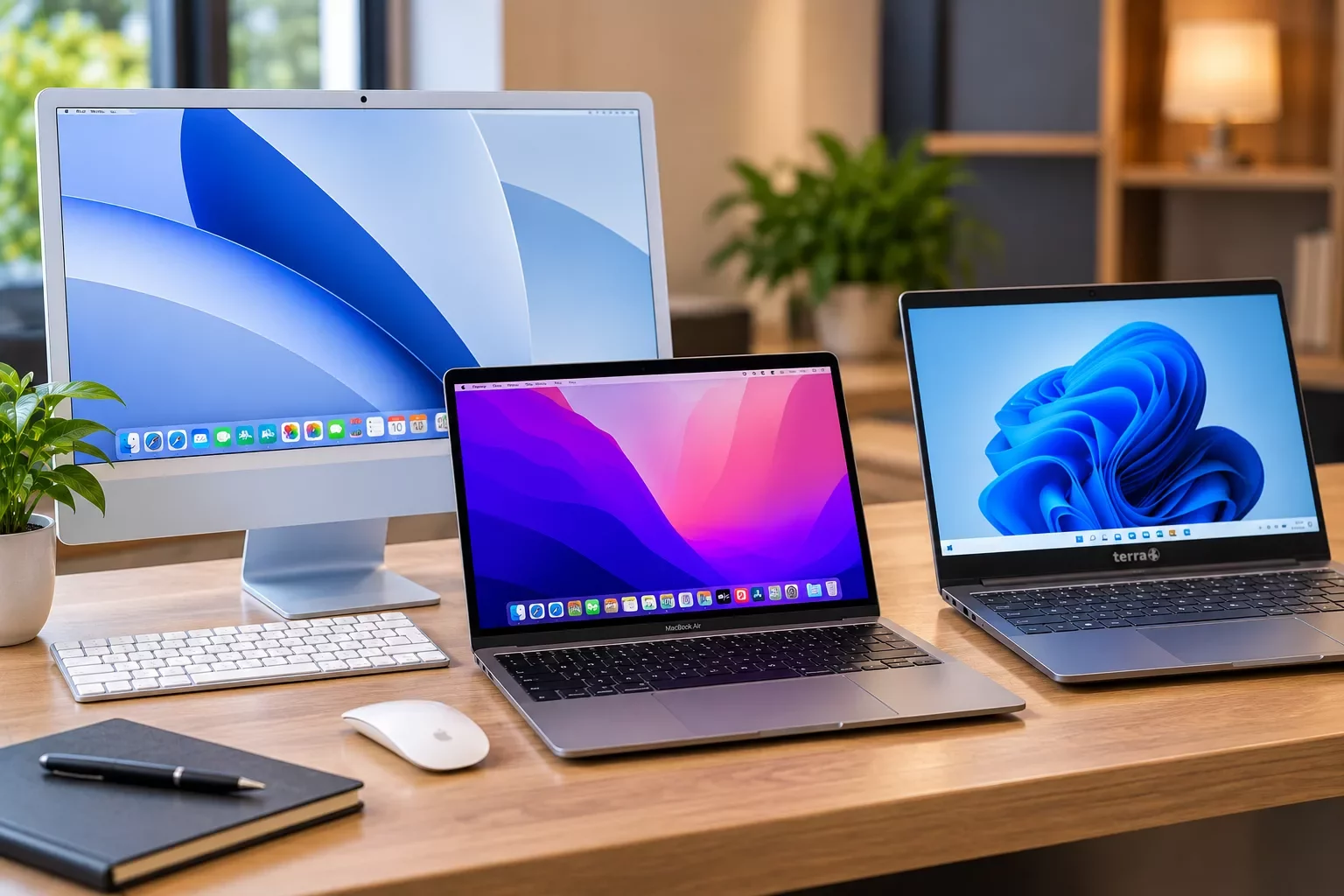 iMac 24 pouces, MacBook et ordinateur portable Windows sur un bureau